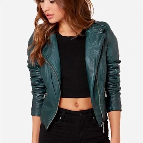 ModCloth Teal Faux Alligator Size L Cropped Moto Biker Zip Up Jacket - Picture 1 of 10